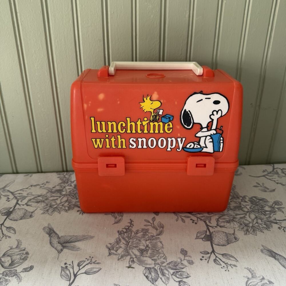 Vtg 1965 Lunch Time with Snoopy WoodstockPeanuts Lunch Box Orange 60s Plastic